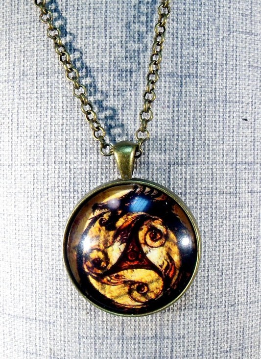 Nordic Dragon Triskelion Round Pendant Necklace
